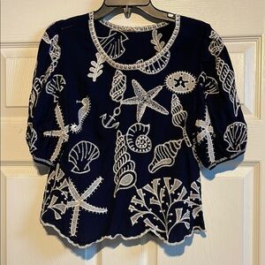 Navy and White Embroidered Sea Motif Women’s Top